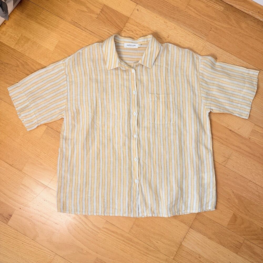 Indi & Cold Linen Striped Boxy Shirt M EUC Button Front Oversized Lagenlook